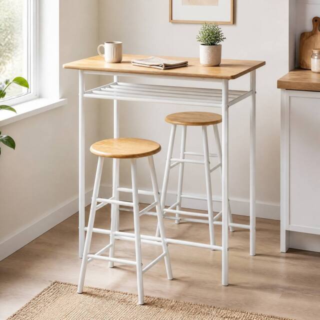 STILVORA Bar Table Set with Storage Shelf & Steel Frame in Light Oak - image 1