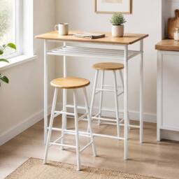 STILVORA Bar Table Set with Storage Shelf & Steel Frame in Light Oak - thumbnail 1