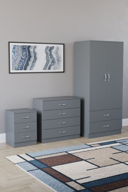 Home Discount Vida Designs Riano 3Pc Bedroom Set - 3 Drawer Bedside & 4 Drawer Chest in Grey