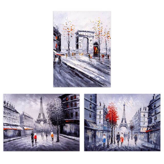 Artery8 Wall Art Print Paris In Winter Oil Paintings Set Of 3 s Living Room Aesthetic Eiffel Tower Arc De Triomphe A4 - image 1