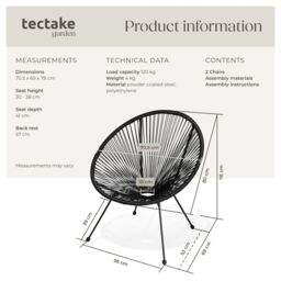 tectake Garden chairs in retro design (set of 2) in Black - Size: 2 Seater - thumbnail 6