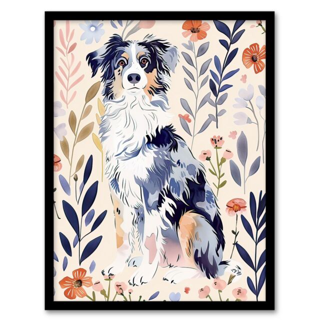 "Artery8 Dog Lover Australian Sheepdog Floral Portrait Framed Wall Art - Size: W12"" x H16""" - image 1