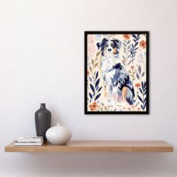 "Artery8 Dog Lover Australian Sheepdog Floral Portrait Framed Wall Art - Size: W12"" x H16""" - thumbnail 4