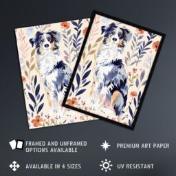 "Artery8 Dog Lover Australian Sheepdog Floral Portrait Framed Wall Art - Size: W12"" x H16""" - thumbnail 2