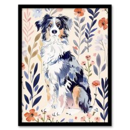 "Artery8 Dog Lover Australian Sheepdog Floral Portrait Framed Wall Art - Size: W12"" x H16""" - thumbnail 1