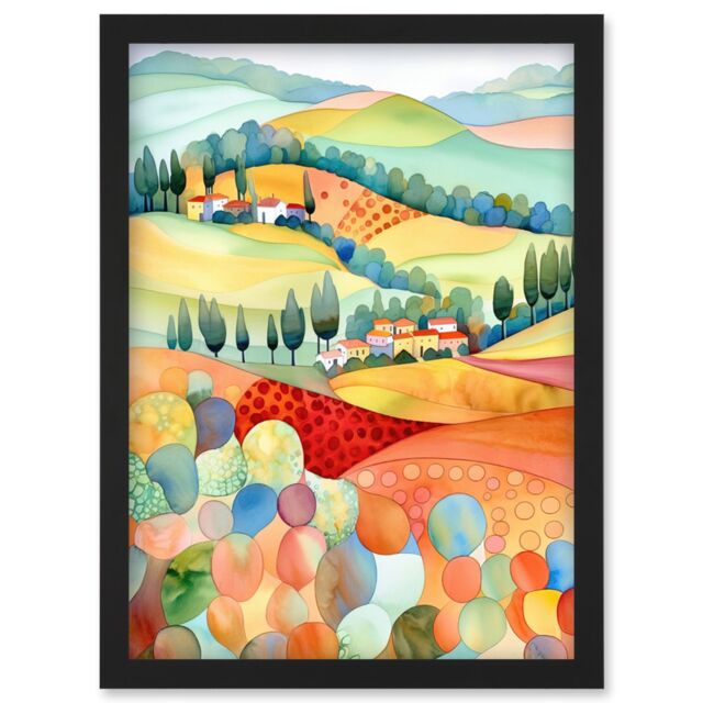 Artery8 Chianti Italy Rolling Hills Folk Art Artwork Framed Wall Art Print A4 in Black - image 1