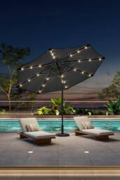 Garden Sanctuary 3m Patio Outdoor Crank Parasol Solar 24 LED Lights with Floral-Pattern Base in Dark Grey - thumbnail 1