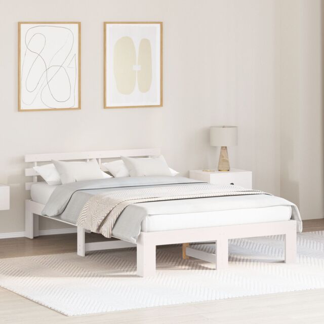 Berkfield Home White Pine Wood Bed Frame White Solid Pine wood 135 x 190 cm - image 1