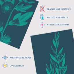 Artery8 Wall Art Print Pack of 3 A4 Teal Turquoise Leaves Plant Frond & Tree Blooms Botanical Living Room s Set - thumbnail 4