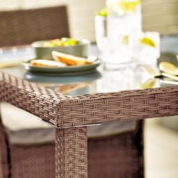 FurnitureboxUK Barbados Rattan Outdoor Garden Dining Set, PE Rattan & Cushions, 4 Chairs 1 Square Glass Top Outdoor Table in Light Brown - thumbnail 3