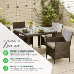 FurnitureboxUK Barbados Rattan Outdoor Garden Dining Set, PE Rattan & Cushions, 4 Chairs 1 Square Glass Top Outdoor Table in Light Brown - thumbnail 9