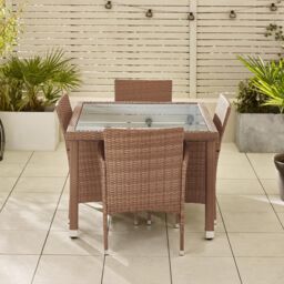 FurnitureboxUK Barbados Rattan Outdoor Garden Dining Set, PE Rattan & Cushions, 4 Chairs 1 Square Glass Top Outdoor Table in Light Brown - thumbnail 7