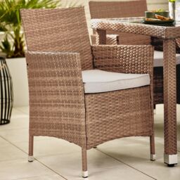 FurnitureboxUK Barbados Rattan Outdoor Garden Dining Set, PE Rattan & Cushions, 4 Chairs 1 Square Glass Top Outdoor Table in Light Brown - thumbnail 4