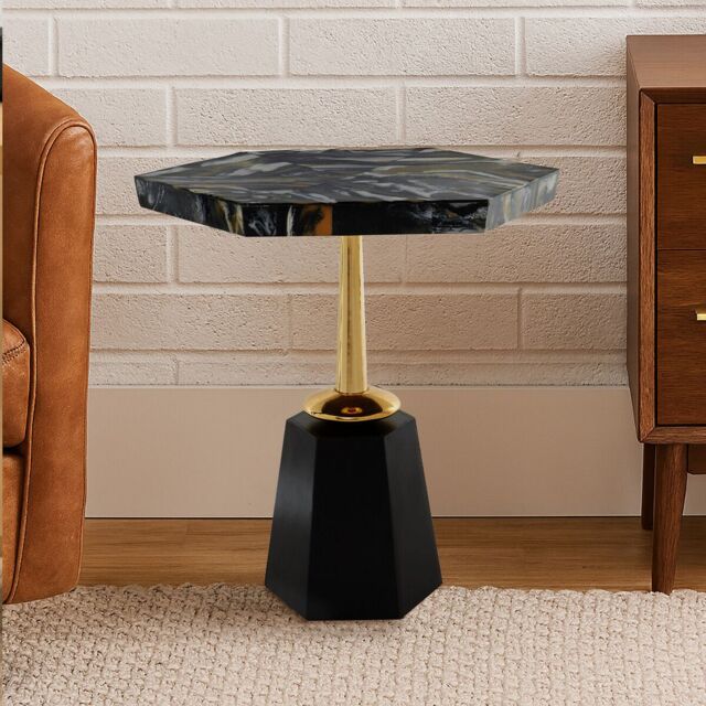 Orsina Metallic Hexagonal Base Side Table, Bedside Table With Bevelled Edges, Accent Table With Golden Aluminum Stand in Black - image 1