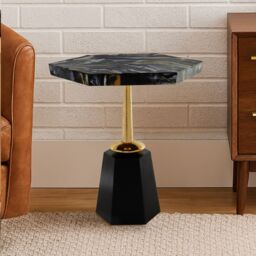Orsina Metallic Hexagonal Base Side Table, Bedside Table With Bevelled Edges, Accent Table With Golden Aluminum Stand in Black