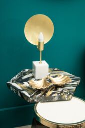 Orsina Metallic Hexagonal Base Side Table, Bedside Table With Bevelled Edges, Accent Table With Golden Aluminum Stand in Black - thumbnail 4