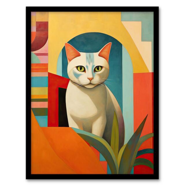 "Artery8 Abstract Cubist Cat & Plant Feline Geometric Contemporary Artwork Art Print Framed Poster Wall Decor in Black - Size: W12"" x H16""" - image 1