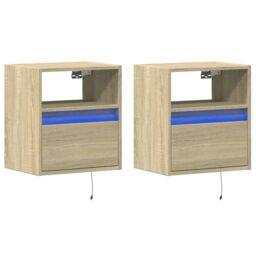 Berkfield Home Wall-mounted Bedside Cabinets with LED Lights 2 pcs Sonoma Oak in Brown - thumbnail 3