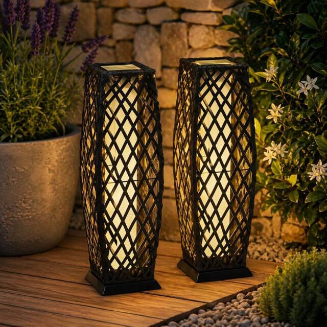 Gr8 Garden 2 Solar Rattan Lantern LED Garden Floor Lamps in Dark Grey - image 1