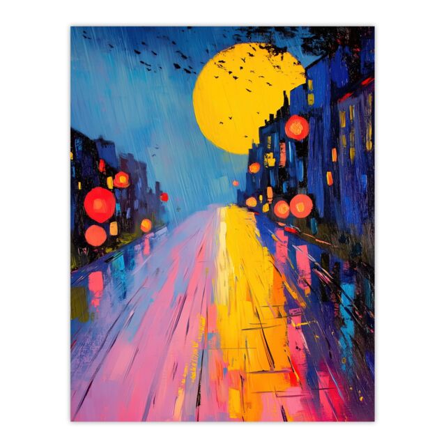 "Artery8 Full Moon Night City Street Colourful Abstract Wall Art Print - Size: W24"" x H32""" - image 1