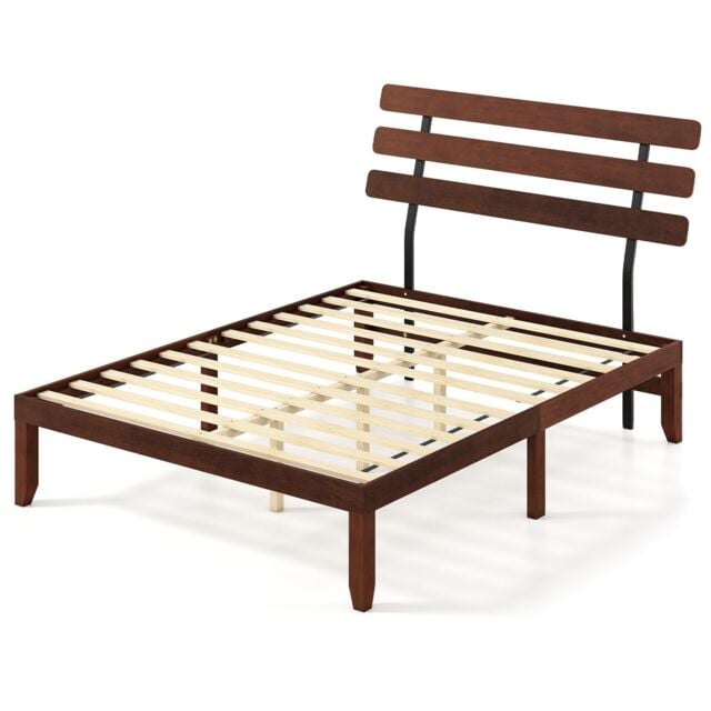 Costway King Size Bed Frame Solid Wood Platform Bed w/Retro Headboard in Walnut - image 1