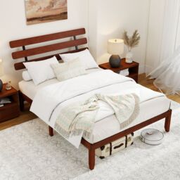 Costway King Size Bed Frame Solid Wood Platform Bed w/Retro Headboard in Walnut - thumbnail 4