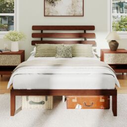 Costway King Size Bed Frame Solid Wood Platform Bed w/Retro Headboard in Walnut - thumbnail 3
