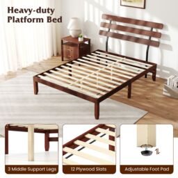 Costway King Size Bed Frame Solid Wood Platform Bed w/Retro Headboard in Walnut - thumbnail 5