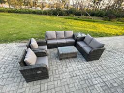 Fimous 7 Seater Rattan Wicker Garden Furniture Patio Conservatory Sofa Set with Rectangular Coffee Table 3 Seater Sofa Love Sofa Side Table - thumbnail 2