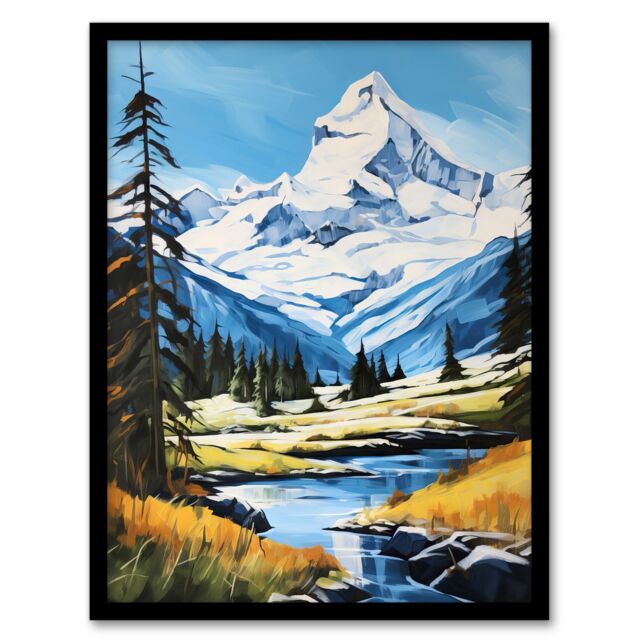 "Artery8 Wall Art Print Swiss Alps Oil Painting Switzerland Snow Capped Peaks & River In Idyllic Alpine Meadow Art Framed in Black - Size: W12"" x H16""" - image 1