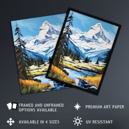 "Artery8 Wall Art Print Swiss Alps Oil Painting Switzerland Snow Capped Peaks & River In Idyllic Alpine Meadow Art Framed in Black - Size: W12"" x H16""" - thumbnail 2