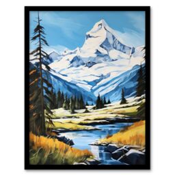"Artery8 Wall Art Print Swiss Alps Oil Painting Switzerland Snow Capped Peaks & River In Idyllic Alpine Meadow Art Framed in Black - Size: W12"" x H16""" - thumbnail 1