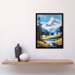 "Artery8 Wall Art Print Swiss Alps Oil Painting Switzerland Snow Capped Peaks & River In Idyllic Alpine Meadow Art Framed in Black - Size: W12"" x H16""" - thumbnail 4