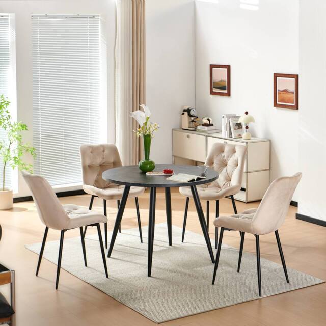 SONARA Black Marble 4 Seater Dining Table With 4 Velvet Chairs Sets in Beige - image 1