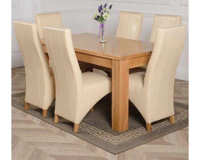 Thats Furniture Dakot 182 x 92cm Oak Large Dining Table & 6 Lola Leather Chairs in Cream - Size: 182 x 92 cm - image 1