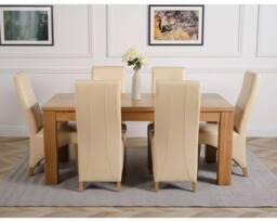 Thats Furniture Dakot 182 x 92cm Oak Large Dining Table & 6 Lola Leather Chairs in Cream - Size: 182 x 92 cm - thumbnail 2