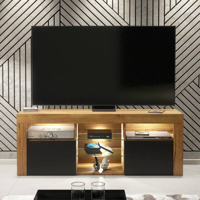 Creative Furniture Pulse TV Unit 145cm - Dark Oak with Black Matt Doors + LED Lights in Dark Brown - Size: 2 Pack - image 1