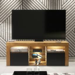 Creative Furniture Pulse TV Unit 145cm - Dark Oak with Black Matt Doors + LED Lights in Dark Brown - Size: 2 Pack