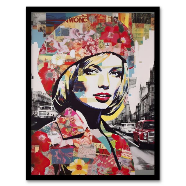 Artery8 Wall Art Print London Floral Fashion Retro Advert Collage Artwork Woman Portrait In Busy Street Vibrant Colourful Bold Pop Art Modern - image 1