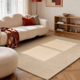 THE RUGS Puristic Fine Boucle Wool Rug Knots Textured Living Room Rug in Light Beige - Size: 140 cm x 200 cm - thumbnail 3
