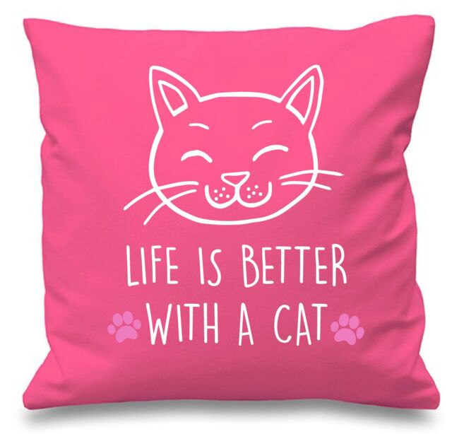 "60 SECOND MAKEOVER Pink Cushion Cover Life Is Better With A Cat 16"" x 16"" Mum Friend Gift Decorative - Size: 40 cm x 40 cm"