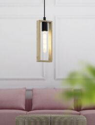 Loops Hanging Ceiling Pendant Light Black & Wood Frame 1 x 60W E27 Hallway Feature - thumbnail 3