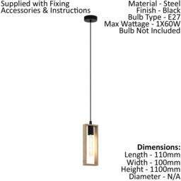 Loops Hanging Ceiling Pendant Light Black & Wood Frame 1 x 60W E27 Hallway Feature - thumbnail 2