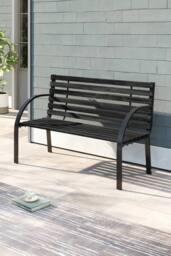 H&O Direct 2-Seater Wooden Metal Outdoor Patio Bench in Black - thumbnail 2