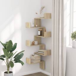 Berkfield Home Wall Corner Shelf Sonoma Oak 45x45x147 cm Engineered Wood in Light Brown - Size: 45 x 45 x 147 cm - thumbnail 3