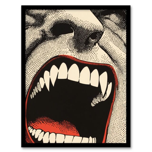 "Artery8 Vampire Teeth Mouth Close Up Pop Art Horror Framed Art Print in Grey - Size: W12"" x H16""" - image 1