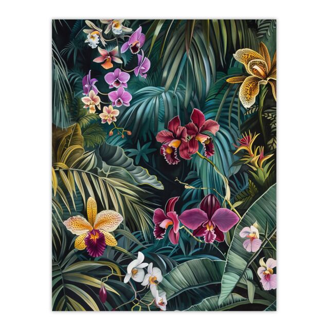 "Artery8 Exotic Orchids in Jungle Painting Wild Floral Wall Art Print in Green - Size: W24"" x H32""" - image 1