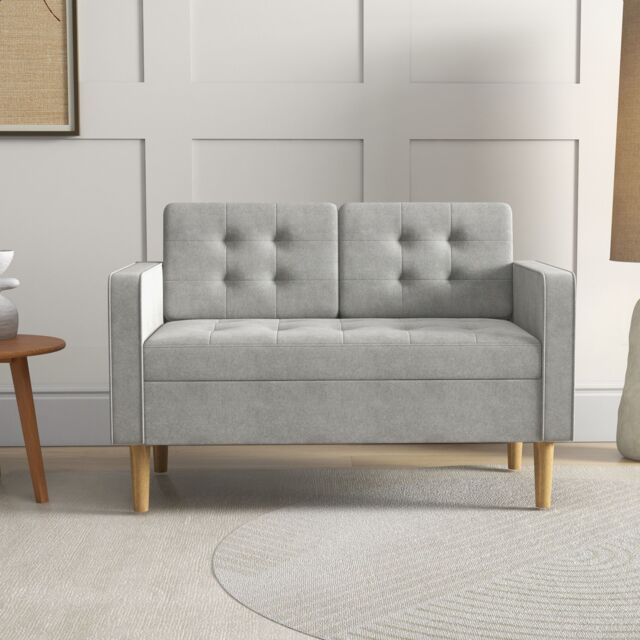 HOMCOM Compact Loveseat Sofa 2 Seater Sofa with Storage & Wood Legs in Light Grey - image 1