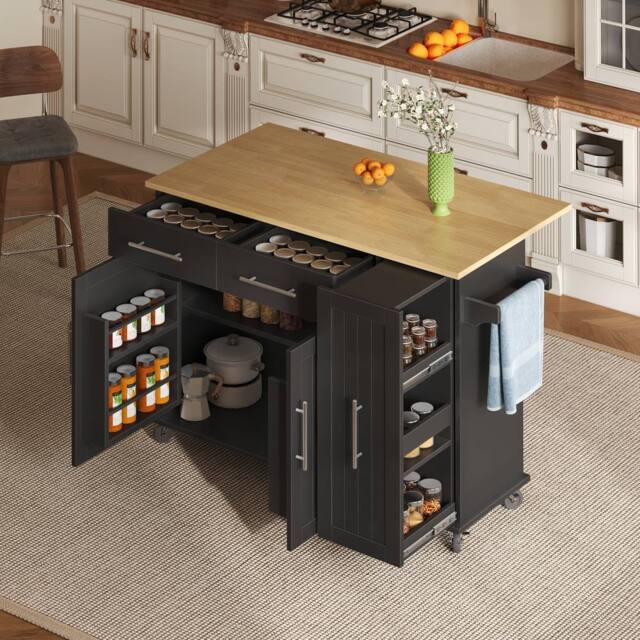 Merax Rolling Kitchen Island Trolley with Drop Leaf & Pull Out Storage in Black - image 1
