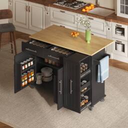 Merax Rolling Kitchen Island Trolley with Drop Leaf & Pull Out Storage in Black - thumbnail 1